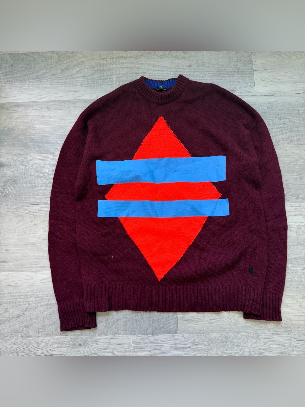 Diesel Men's Burgundy Crewneck Sweater with Red Diamond and Blue Stripes